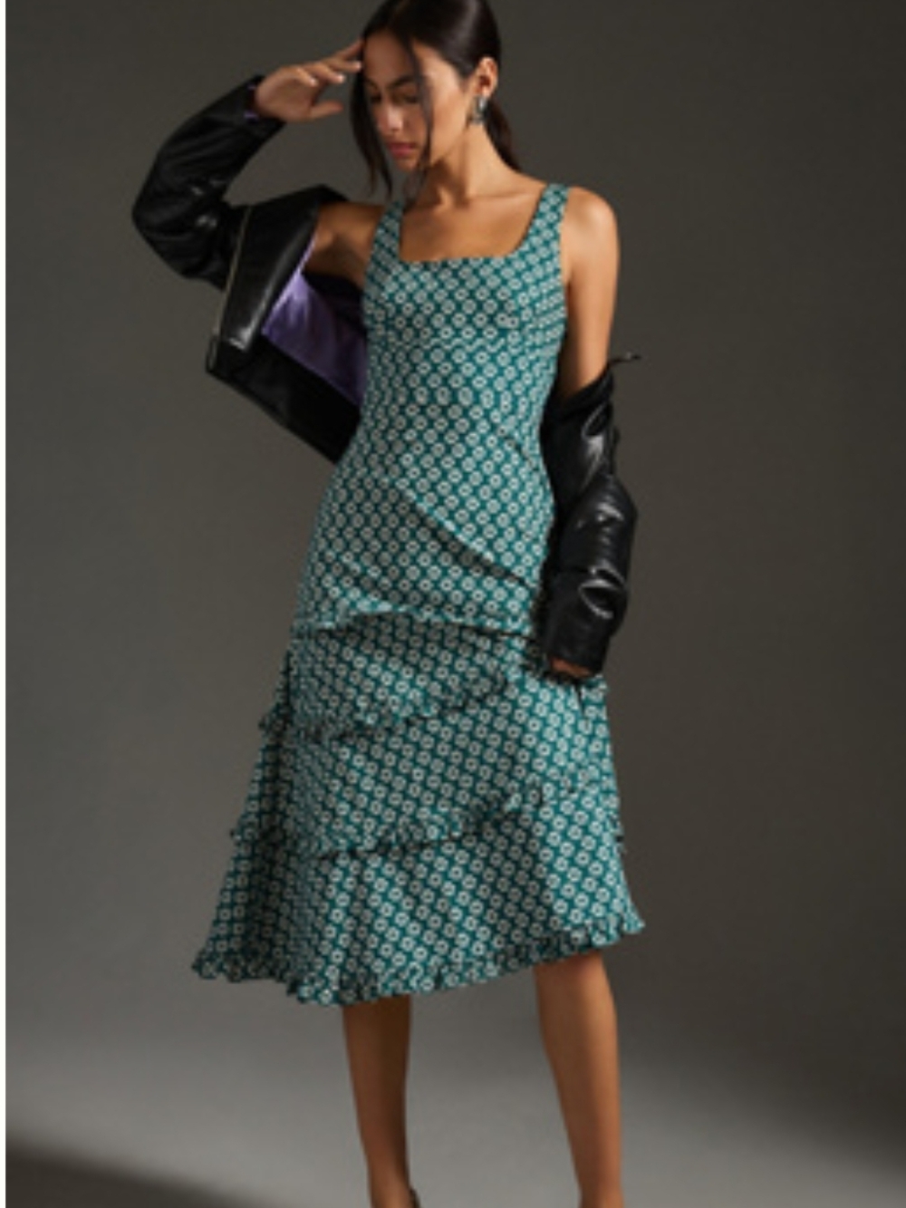 Anthropologie Teal Floral Square-Neck Midi Dress